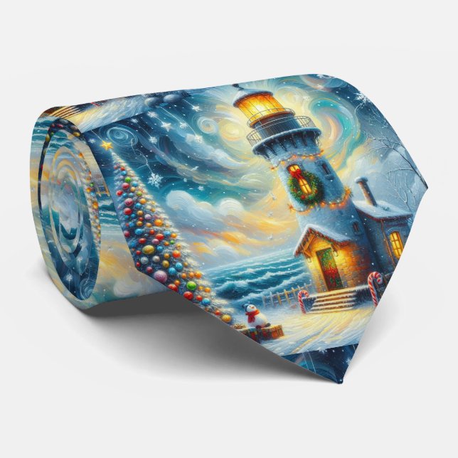Christmas Tree Lighthouse Nautical Coastal Blue Neck Tie (Rolled)