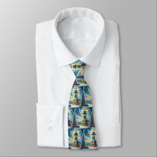 Christmas Tree Lighthouse Nautical Coastal Blue Neck Tie