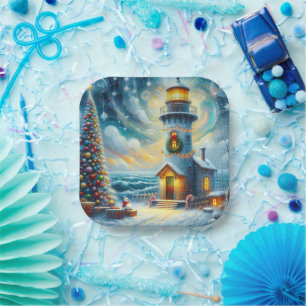 Christmas Tree Lighthouse Nautical Coastal Blue Paper Plates