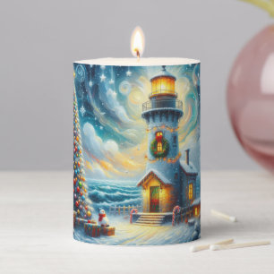 Christmas Tree Lighthouse Nautical Coastal Blue Pillar Candle