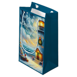 Christmas Tree Lighthouse Nautical Coastal Blue Small Gift Bag