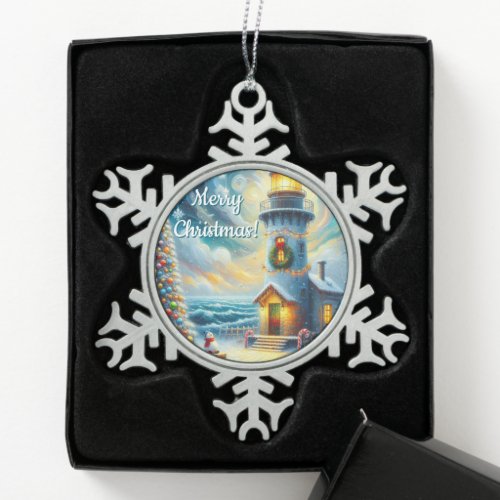 Christmas Tree Lighthouse Nautical Coastal Blue Snowflake Pewter Christmas Ornament
