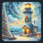 Christmas Tree Lighthouse Nautical Coastal Blue Square Sticker<br><div class="desc">Christmas Tree Lighthouse Nautical Coastal Blue</div>