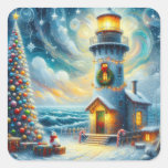 Christmas Tree Lighthouse Nautical Coastal Blue Square Sticker