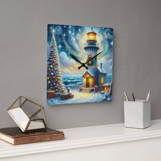 Christmas Tree Lighthouse Nautical Coastal Blue Square Wall Clock (Office)