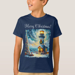 Christmas Tree Lighthouse Nautical Coastal Blue T-Shirt