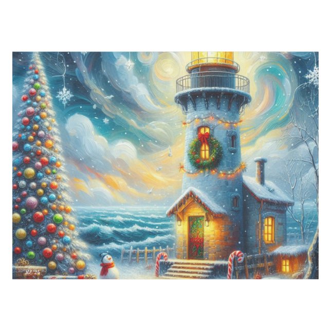 Christmas Tree Lighthouse Nautical Coastal Blue Tablecloth (Front (Horizontal))