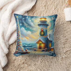 Christmas Tree Lighthouse Nautical Coastal Blue Throw Pillow