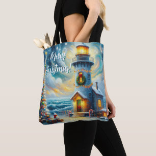 Christmas Tree Lighthouse Nautical Coastal Blue Tote Bag