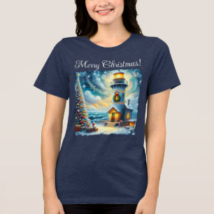 Christmas Tree Lighthouse Nautical Coastal Blue Tri-Blend Shirt