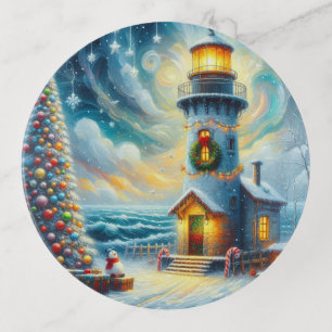 Christmas Tree Lighthouse Nautical Coastal Blue Trinket Tray