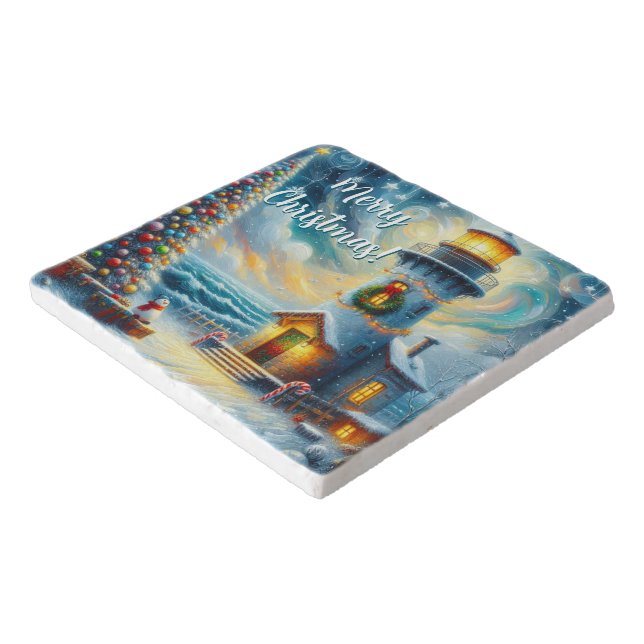 Christmas Tree Lighthouse Nautical Coastal Blue Trivet (Corner)