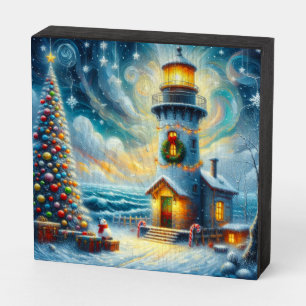 Christmas Tree Lighthouse Nautical Coastal Blue Wooden Box Sign