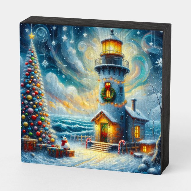 Christmas Tree Lighthouse Nautical Coastal Blue Wooden Box Sign (Angled Horizontal)