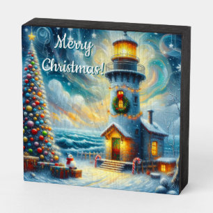 Christmas Tree Lighthouse Nautical Coastal Blue Wooden Box Sign