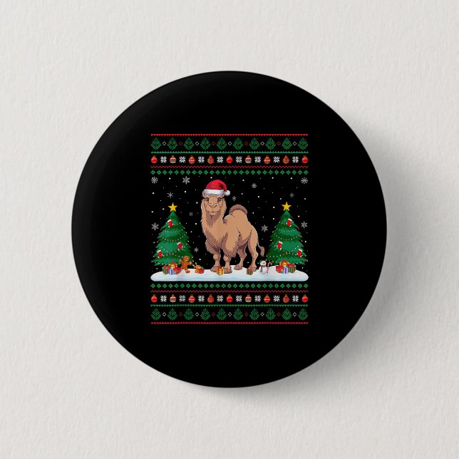 Christmas Tree Lights Bactrian Camel Santa Ugly Xm Button (Front)