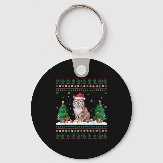 Christmas Tree Lights Bobcat Santa Ugly Xmas Sweat Keychain (Front)