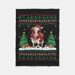 Christmas Tree Lights Cow Santa Ugly Xmas Sweater Fleece Blanket