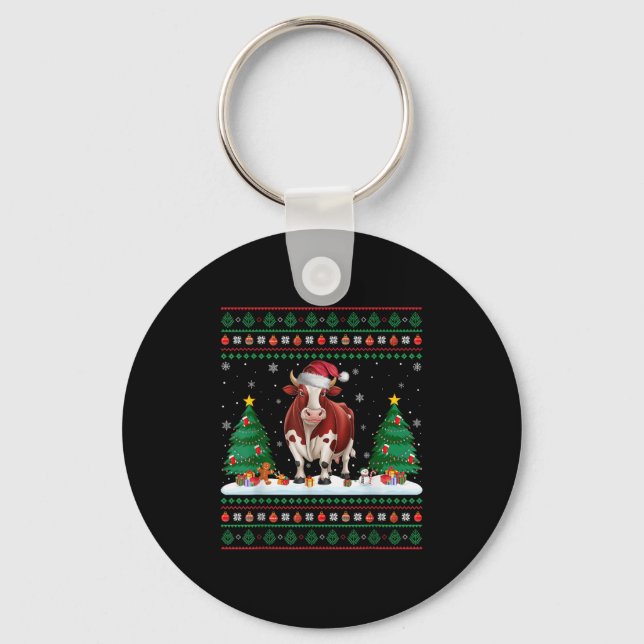 Christmas Tree Lights Cow Santa Ugly Xmas Sweater  Keychain (Front)