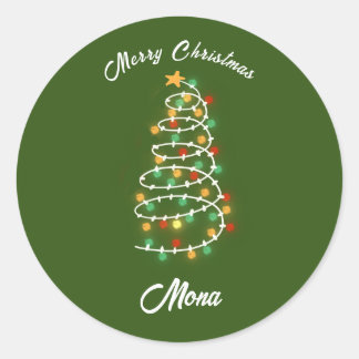 Christmas tree lights custom name classic round sticker