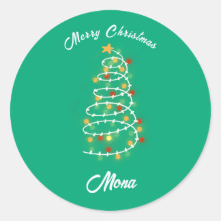 Christmas tree lights custom name classic round sticker