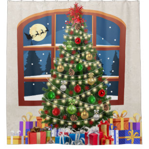 Christmas Tree Lights & Ornaments Shower Curtain
