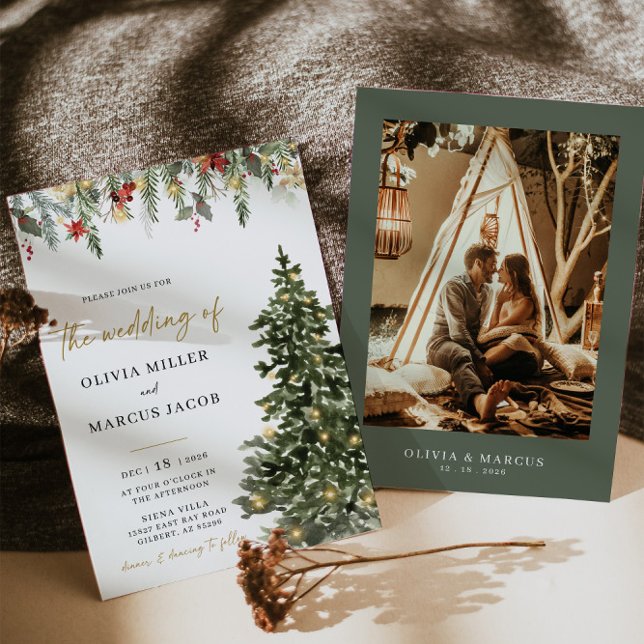 Christmas Tree Lights Pine Elegant Winter Wedding  Invitation (Invitation Front/Back)