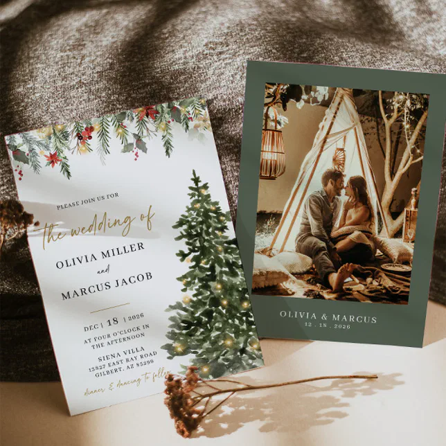 Christmas Tree Lights Pine Elegant Winter Wedding Invitation | Zazzle