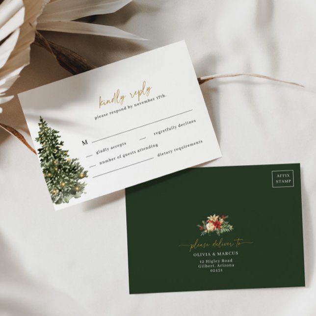 Christmas Tree Lights Pine Winter Wedding RSVP Card (RSVP Card Front/Back)