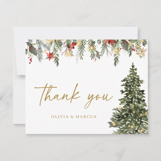 Christmas Tree Lights Winter Pine Wedding Thank You Card (Front)