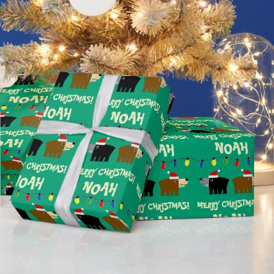 Christmas tree lights with Santa bear cartoon Wrapping Paper