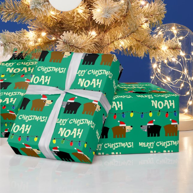 Christmas tree lights with Santa bear cartoon Wrapping Paper (Holidays)