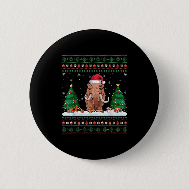 Christmas Tree Lights Woolly Mammoth Santa Ugly Xm Button (Front)