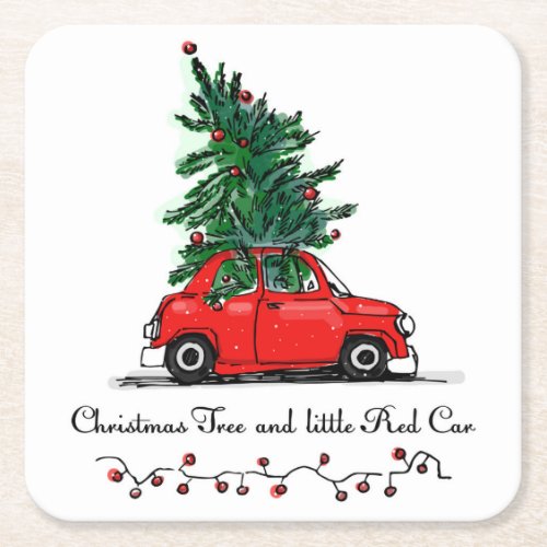 Christmas Tree  Little Red Car Square Paper Coaster