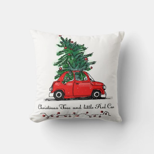 Christmas Tree  Little Red Car Throw Pillow