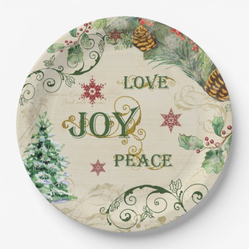 Christmas Tree Love Joy Peace Holly Typography Art Paper Plates