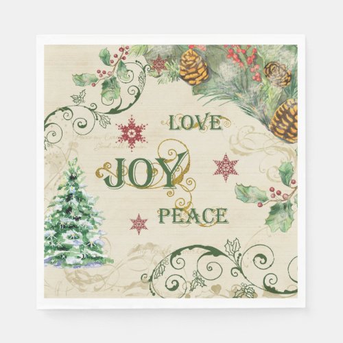 Christmas Tree Love Joy Peace Holly Typography Napkins