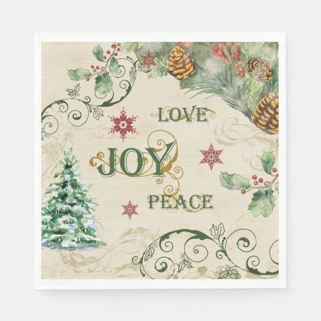 Christmas Tree Love Joy Peace Holly Typography Napkins (Front)