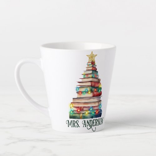 Christmas Tree Made of Books Teacher Bookworm Name Latte Mug