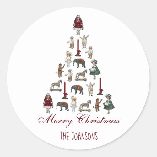 Christmas Tree Made of Vintage Toys  Family Name Classic Round Sticker