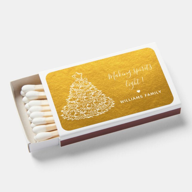 Christmas Tree Making Spirits Light Monogram Gold Matchboxes (Front Open)
