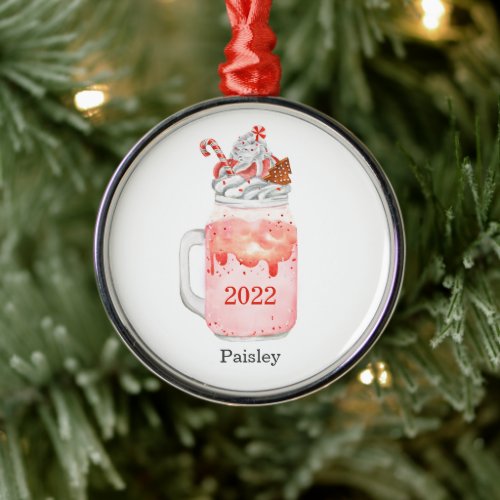 Christmas Tree Mason Jar Peppermint Milkshake Year Metal Ornament