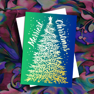 Christmas Tree Merriest Christmas Blue Ombre Foil Holiday Card