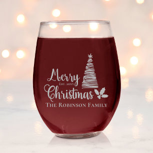 Christmas Tree Merry Christmas Family Name Date Stemless Wine Glass