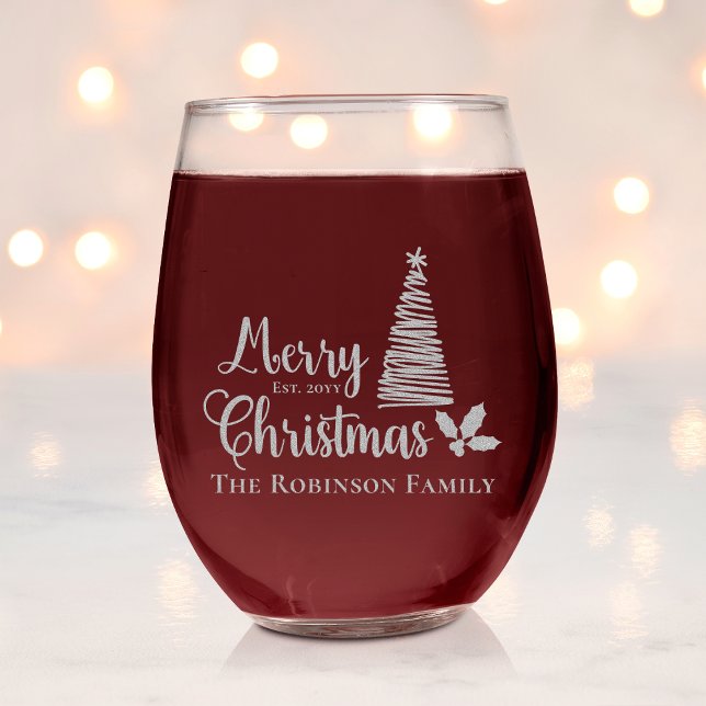Christmas Tree Merry Christmas Family Name Date Stemless Wine Glass (Christmas Tree "Merry Christmas" and Holly Family Name and Year Established Stemless Wine Glass)