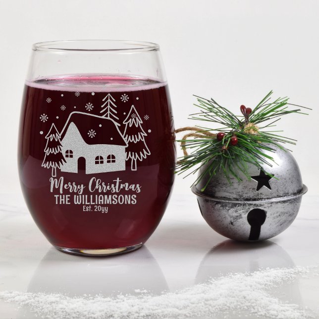 Christmas Tree Merry Christmas Family Name Date Stemless Wine Glass (Christmas Tree "Merry Christmas" Family Name and Date Established Holiday Stemless Wine Glass)