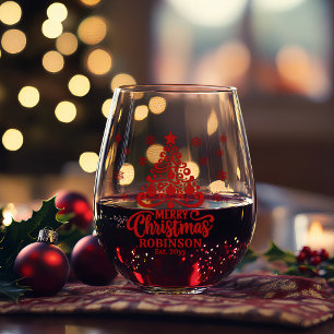 Christmas Tree Merry Christmas Family Name Date Stemless Wine Glass