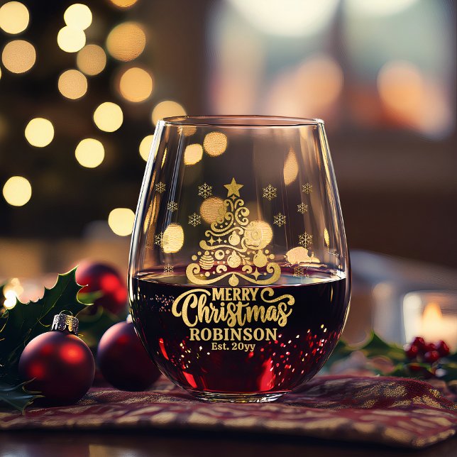 Christmas Tree Merry Christmas Family Name Date Stemless Wine Glass (Gold Tone Holiday Tree "Merry Christmas" Family Name and Year Established Stemless Wine Glasses )