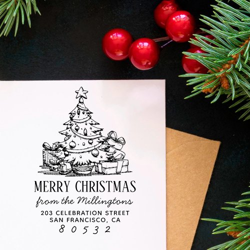 Christmas Tree Merry Christmas Name Return Address Rubber Stamp