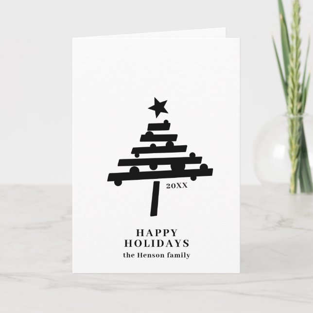 Christmas Tree Minimalist Black and White Family Holiday Card (Front)